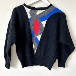 Vintage Lauphil Lambswool Angora Sweater Women Size L 70s Black Colorful Retro